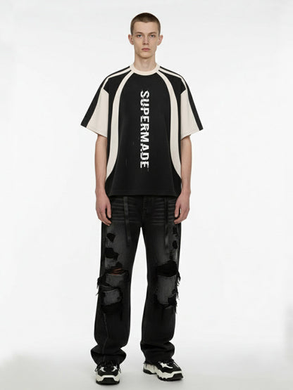 Thesupermade Vertical Glitch Art Deconstruction Contrast Color Stitching Print T-shirt 
