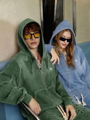 Washed Spray-Edge Zip Hoodie & Curved-Leg Sweatpants Set
