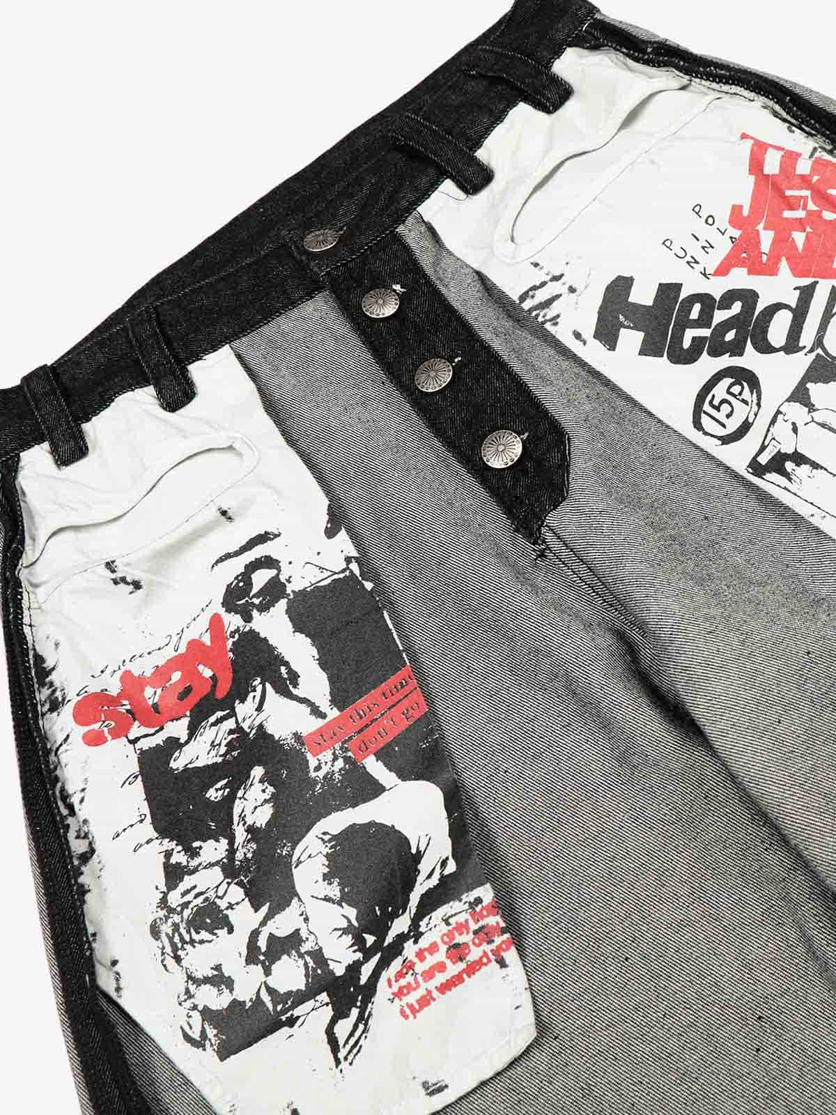 Distressed Reverse Design Large Pocket Printed Jeans 