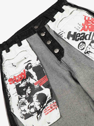 Distressed Reverse Design Large Pocket Printed Jeans - 2568 