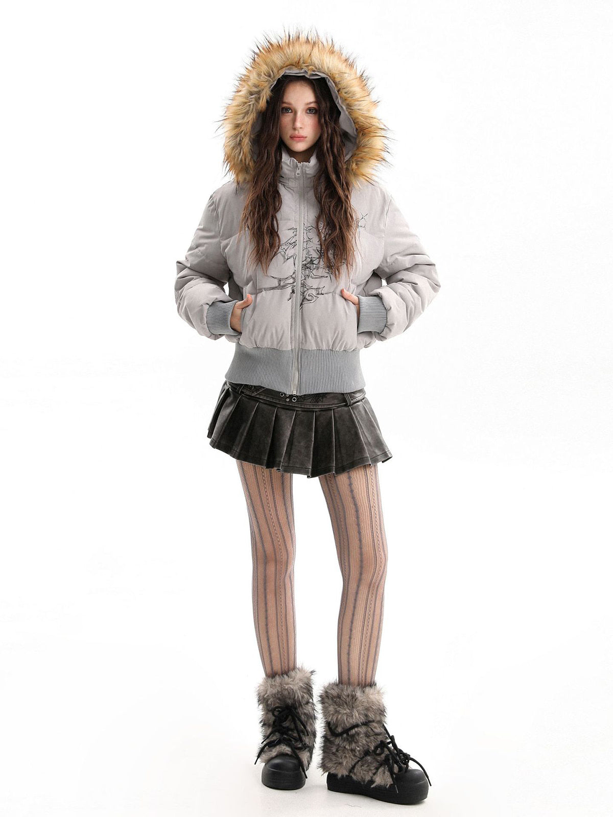 Retro Dark Print Faux Fur Collar Quilted Jacket 