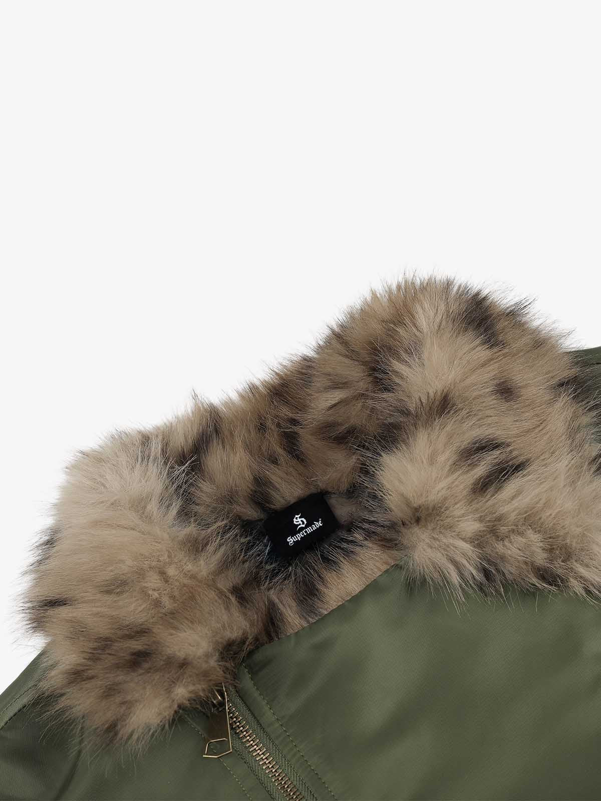 Leopard Faux-Fur Collar Studded Jacket