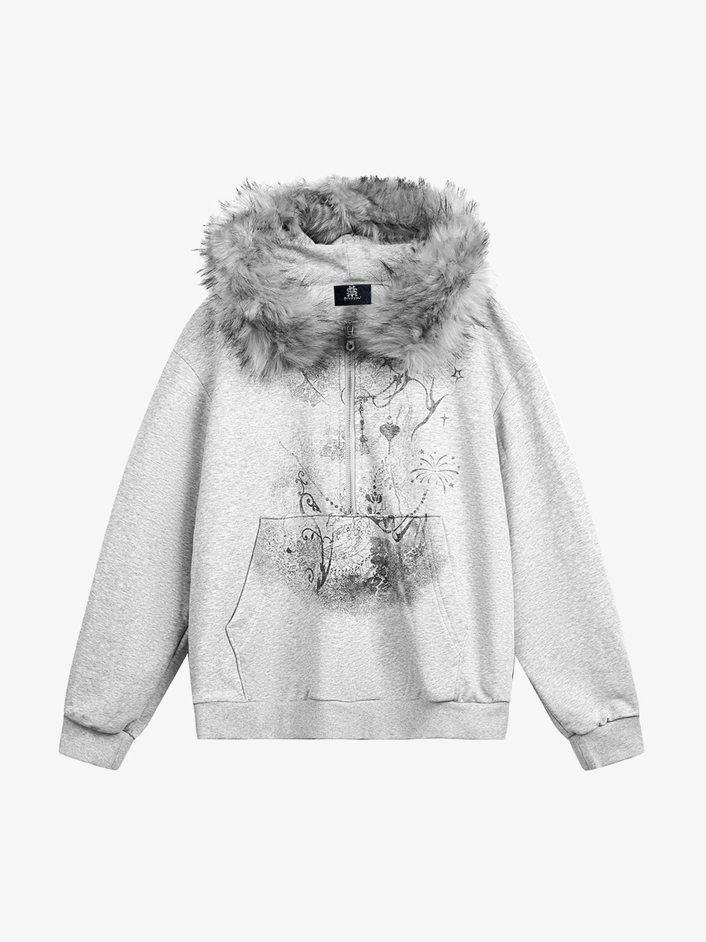 Detachable Fur Collar Printed Cardigan Half-Zip Hoodie 
