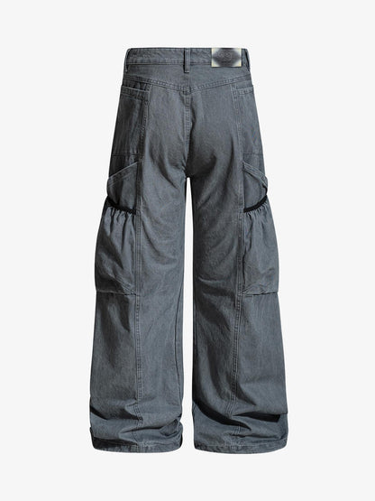 Industrielle graue Cargohose mit Mesh-Patchwork und mehreren Taschen