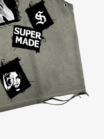 Distressed Sleeveless Crop Top with Barbed Wire Graphic Design 