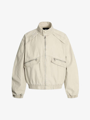 Ruched Sleeve Stand Collar Zip Jacket