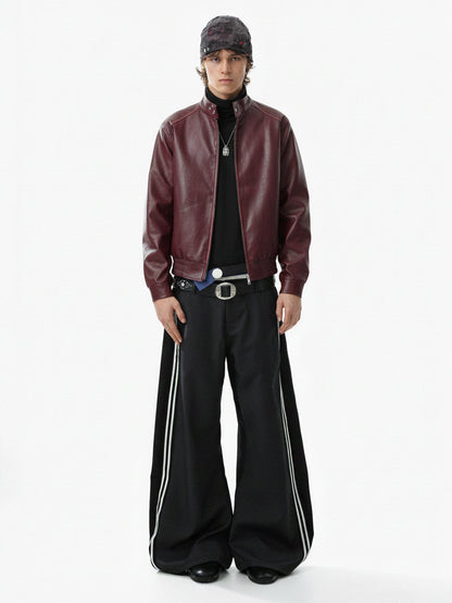Retro Leather Stand-Collar Elastic Hem Jacket 