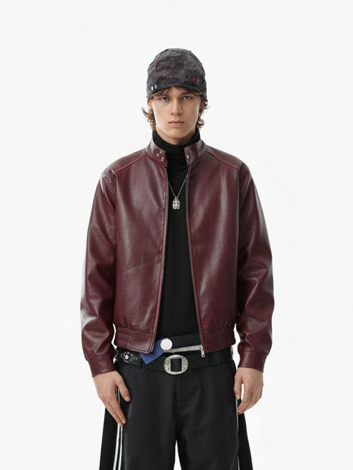 Retro Leather Stand-Collar Elastic Hem Jacket 