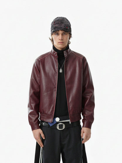Retro Leather Stand-Collar Elastic Hem Jacket 