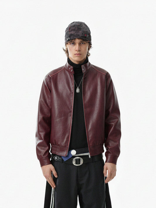 Retro Leather Stand-Collar Elastic Hem Jacket 