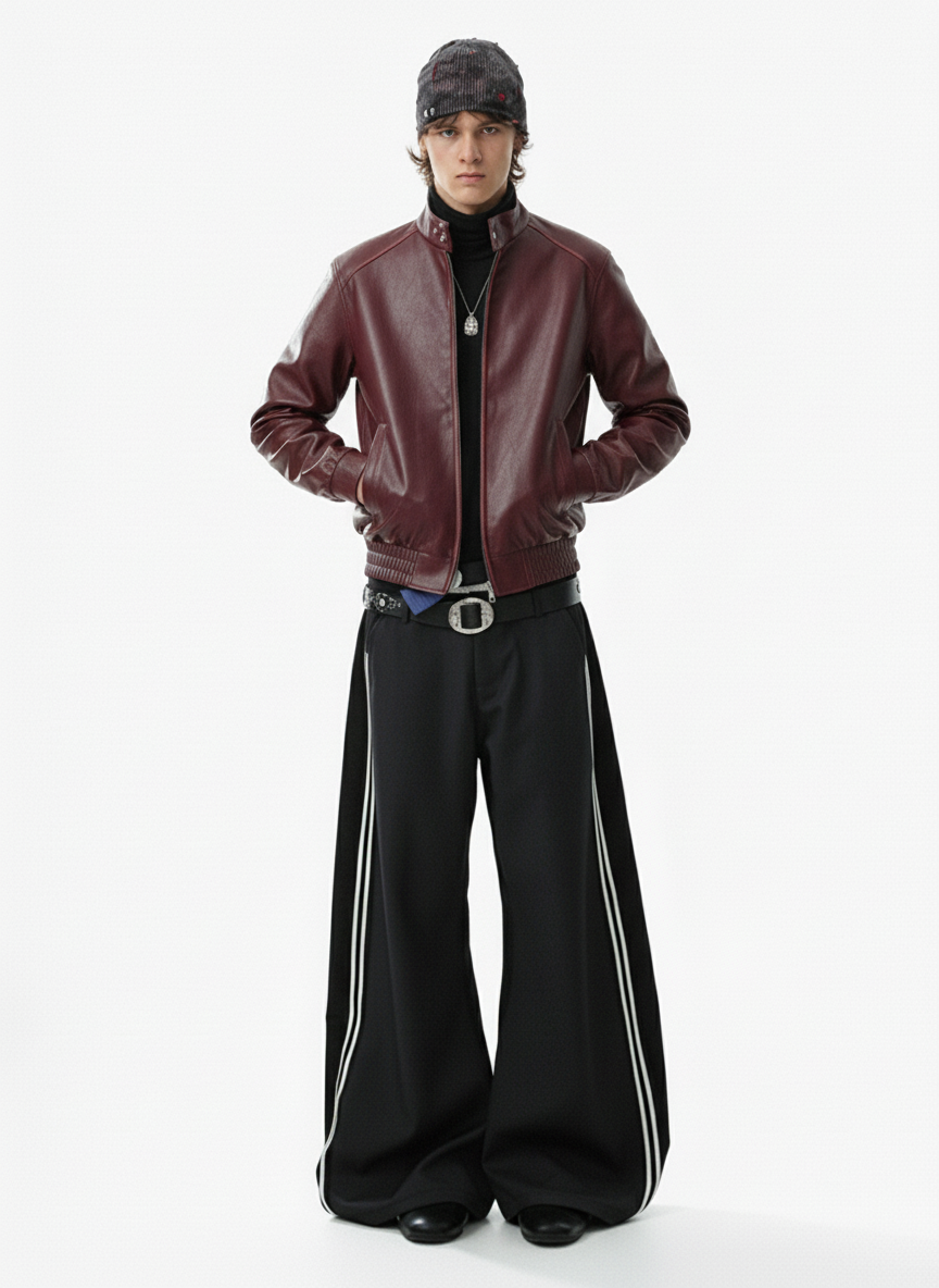 Retro Leather Stand-Collar Elastic Hem Jacket 