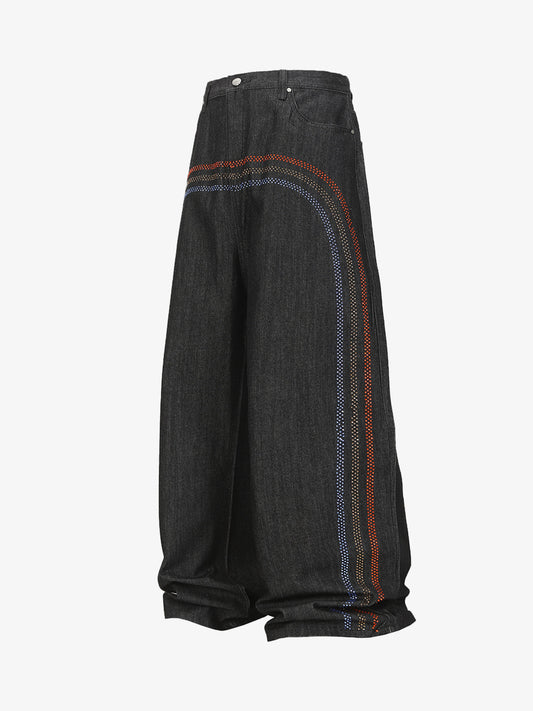 Stylish Wide-Leg Denim Pants with Rainbow Dot Embroidery for Women 