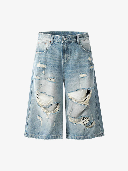 Street Retro Washed Distressed Ripped Denim Shorts 