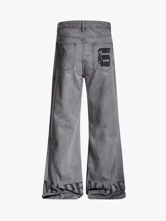 Distressed Washed Graphic Baggy Stacked Pants 