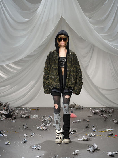 Camouflage Hooded Jacket with Distressed Details and Toggle Closure 