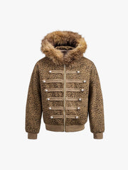 Leopard Napoleon Military Faux Fur Collar Coat