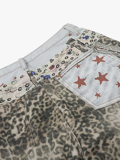 Charm Detail Leopard Denim Shorts 