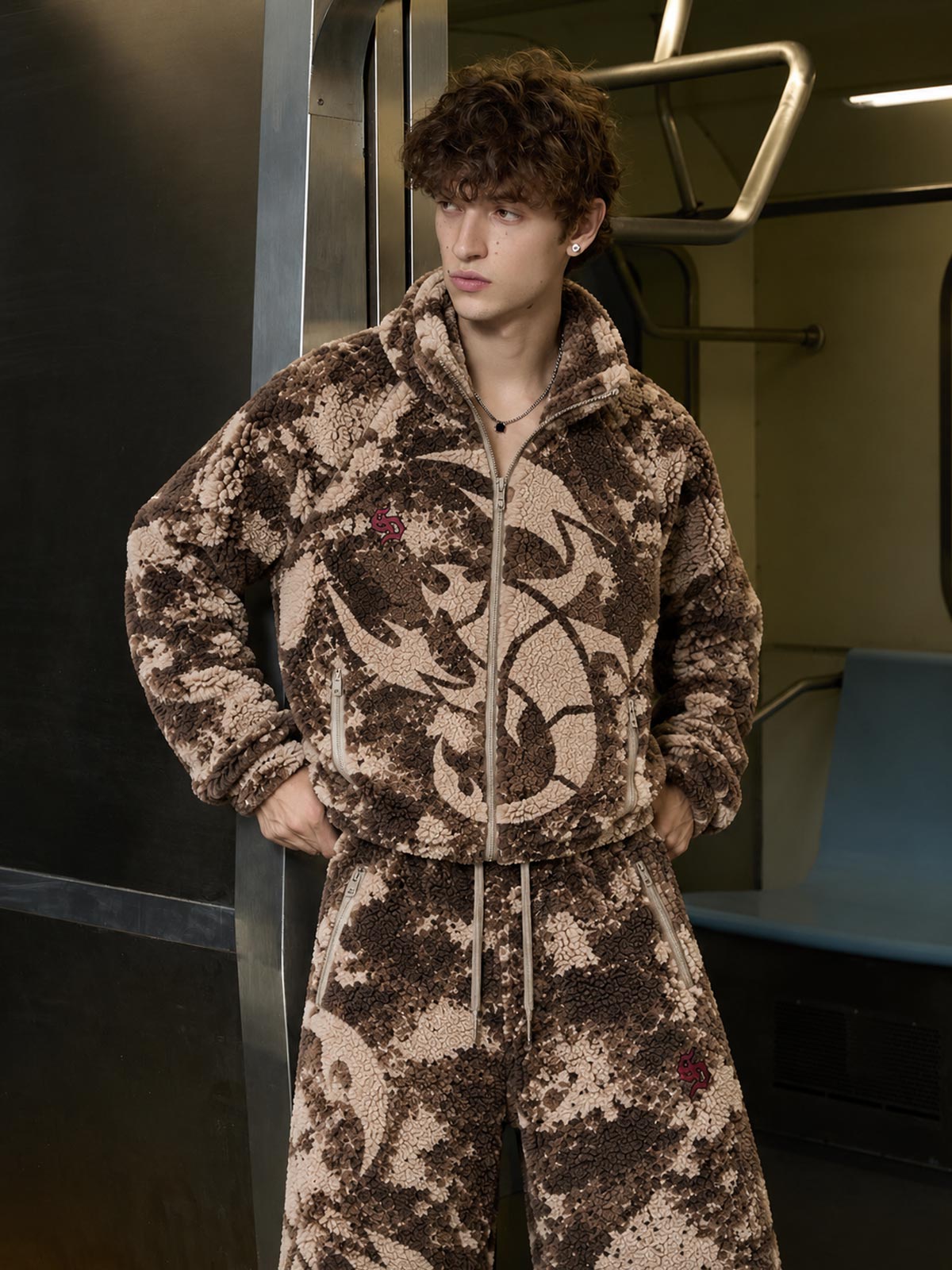 All-Over Print Embroidered Fleece Zip-Up Jacket & Pants Set