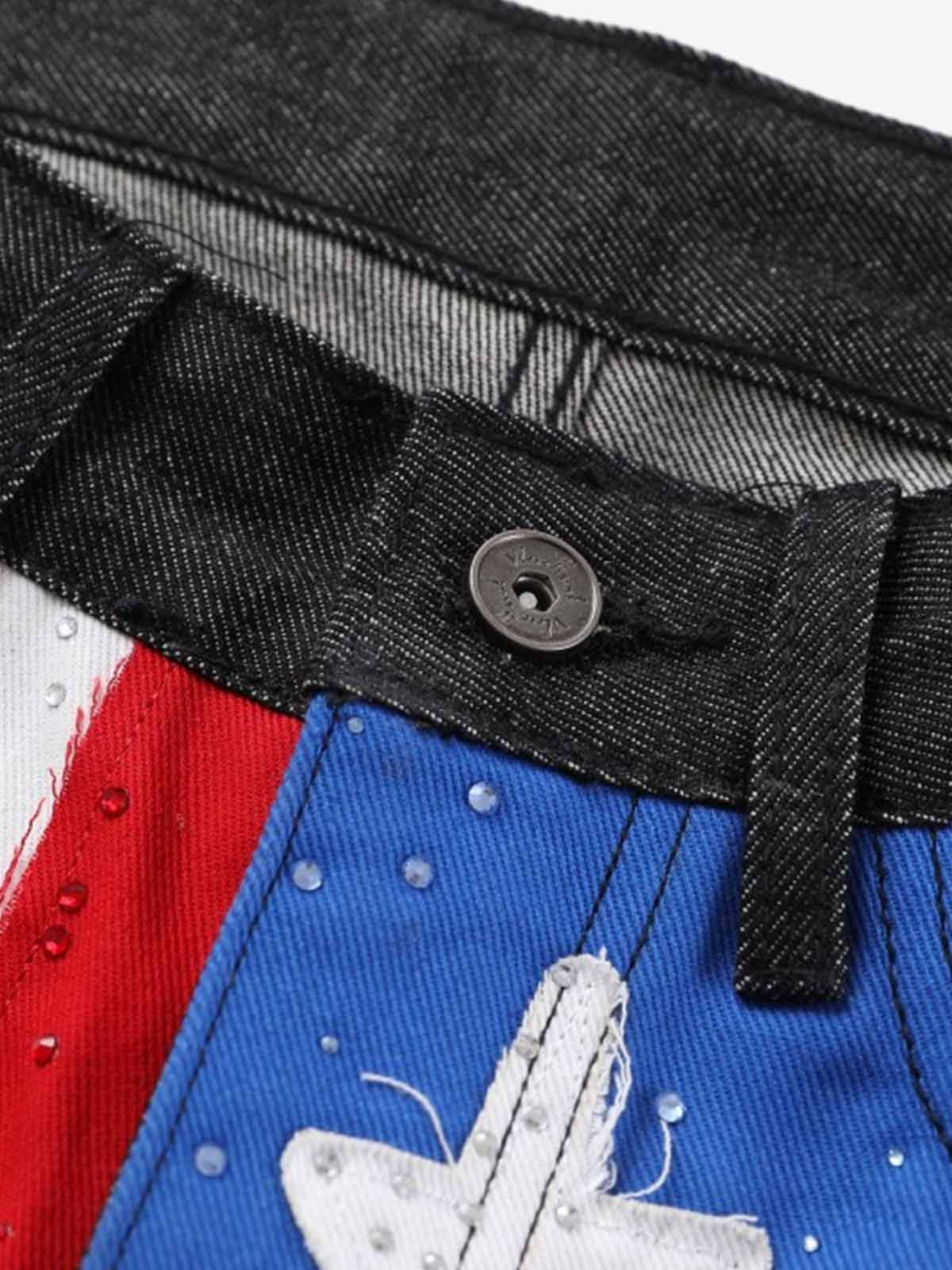 Cotton Blend American Flag Print Wide Leg Pants with Red Star Applique Design 