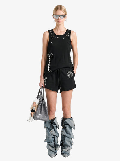 Stretch ribbed fabric punk y2k streetwear vest, adorned with metal buttonholes and letter embroidery.
