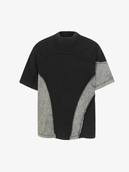 Cotton Blend Oversized Panel T-Shirt with Asymmetric Design and Contrast Stitching 