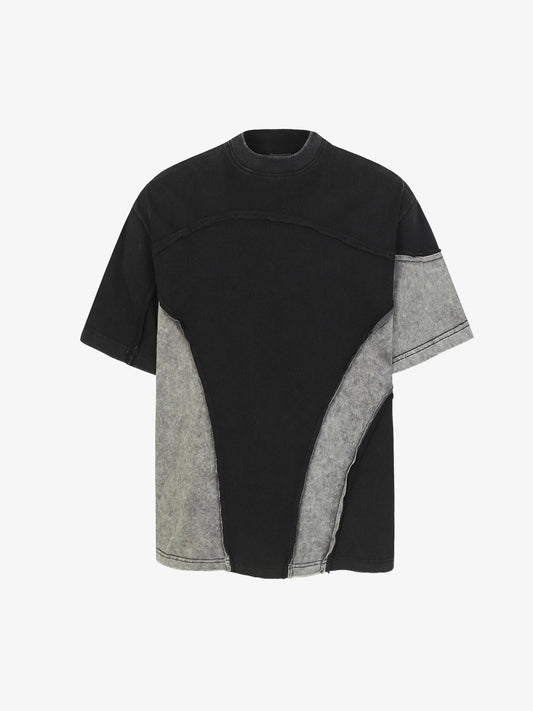 Cotton Blend Oversized Panel T-Shirt with Asymmetric Design and Contrast Stitching 