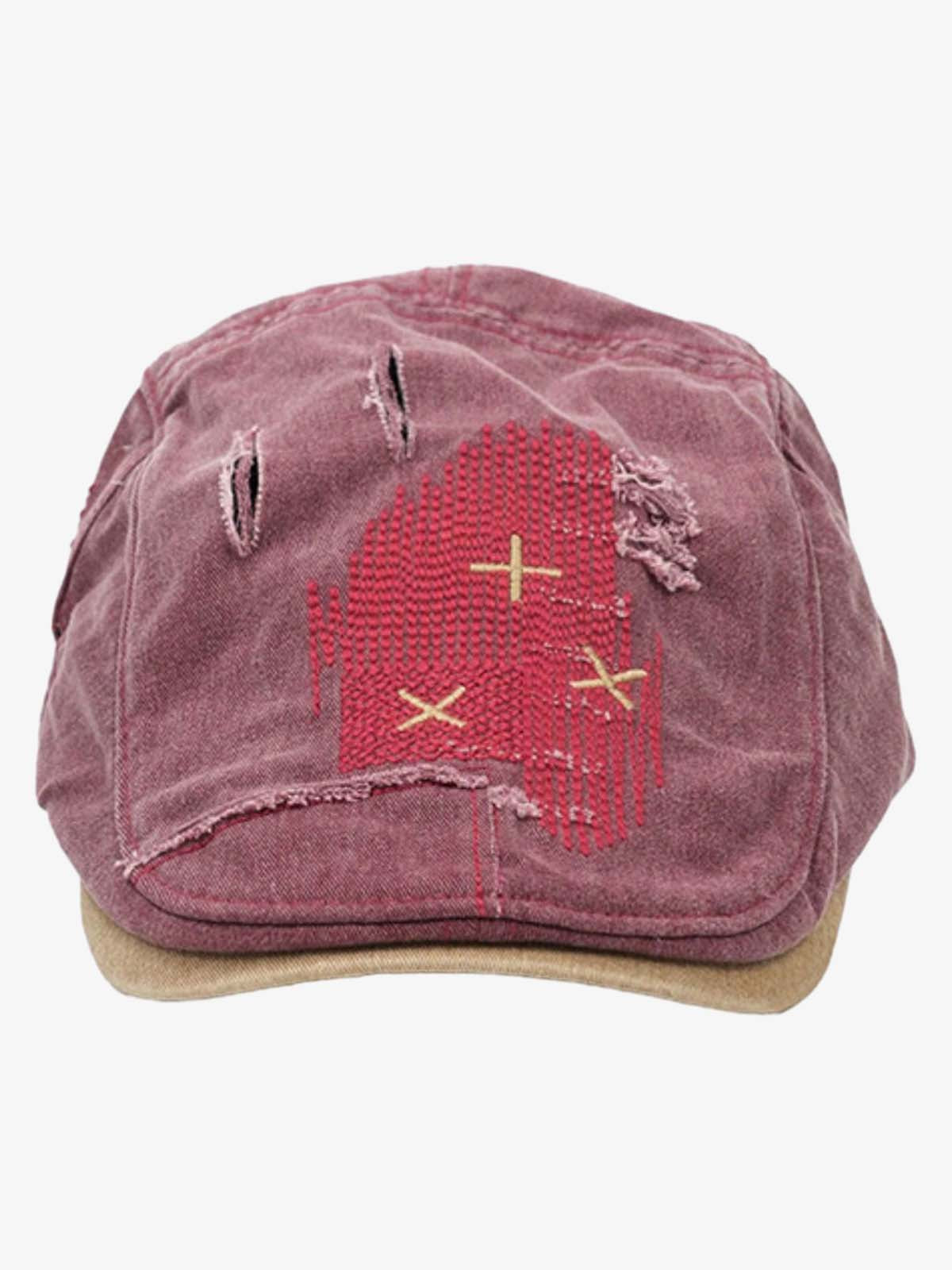 Distressed Patchwork Embroidered Cotton Flat Cap 