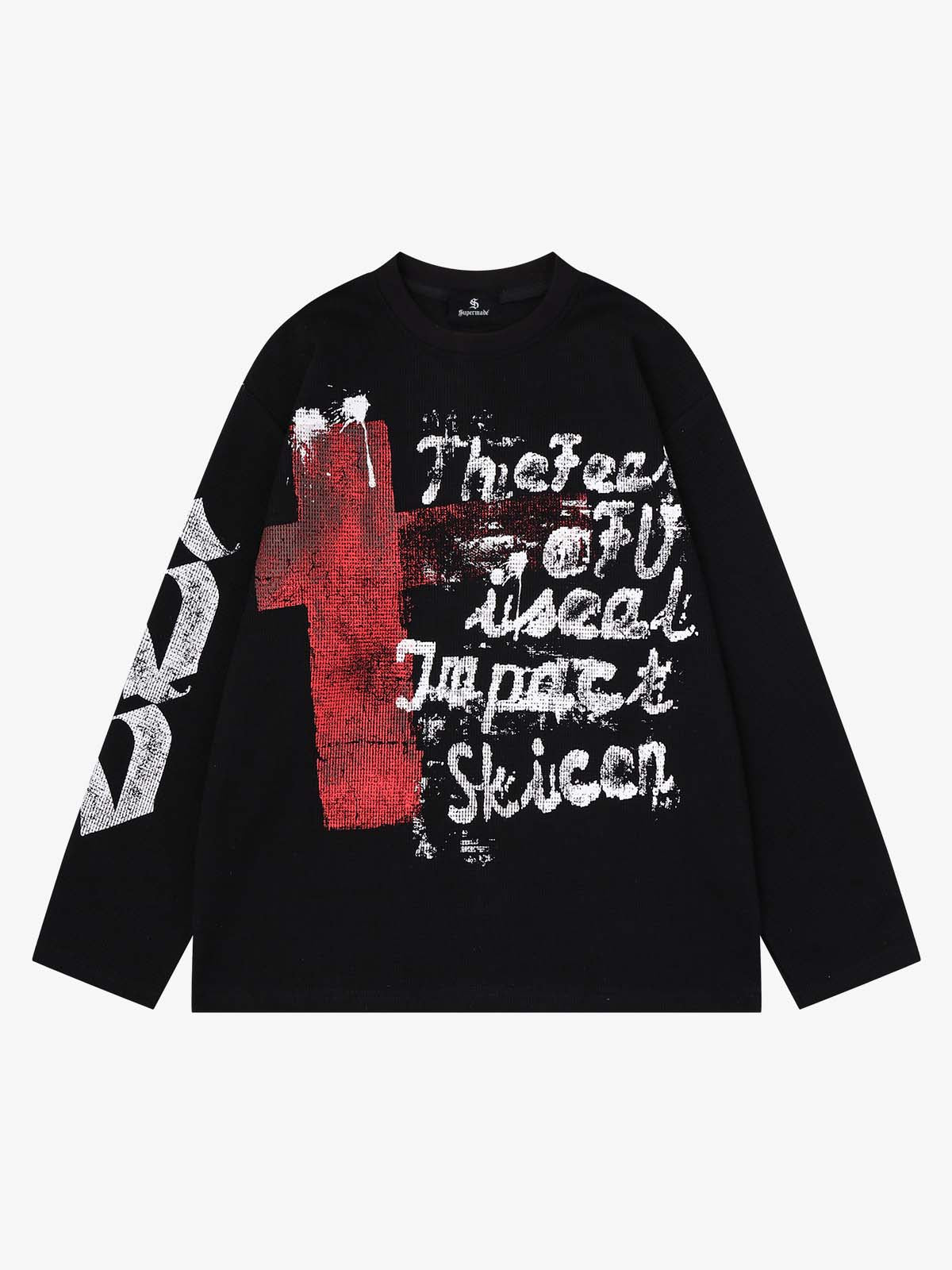 Dark Letter Graphic Waffle Long Sleeve Tee