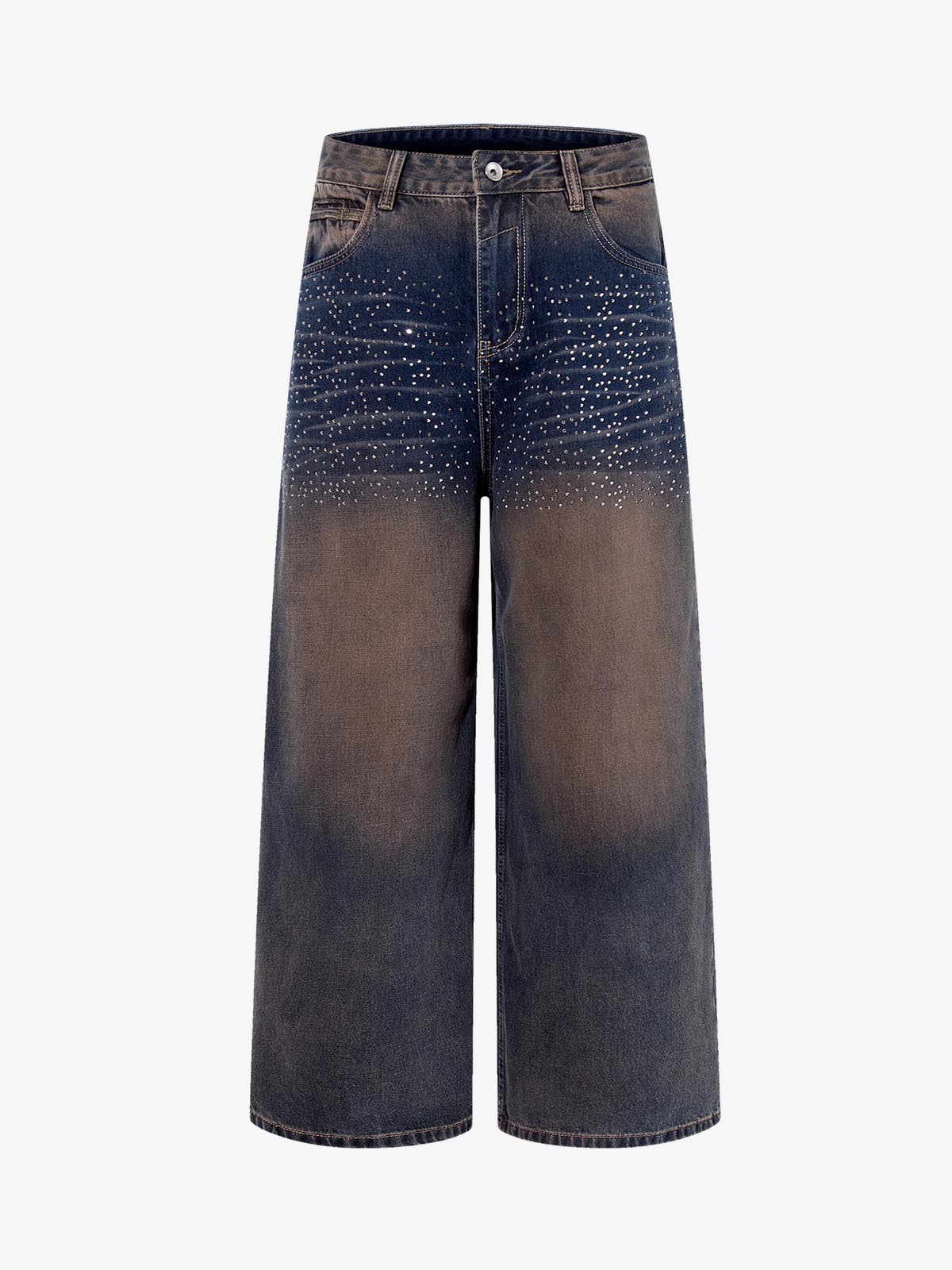 Gradient Wash Wide-Leg Jeans with Rhinestone Accents 