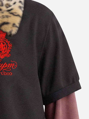 Leopard Fur-Collar Layered Distressed Long Sleeve Polo