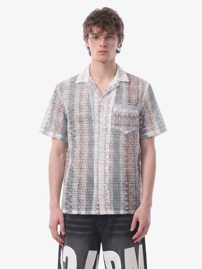 Bohemian Lace Cutout Camp Collar Boxy Shirt 