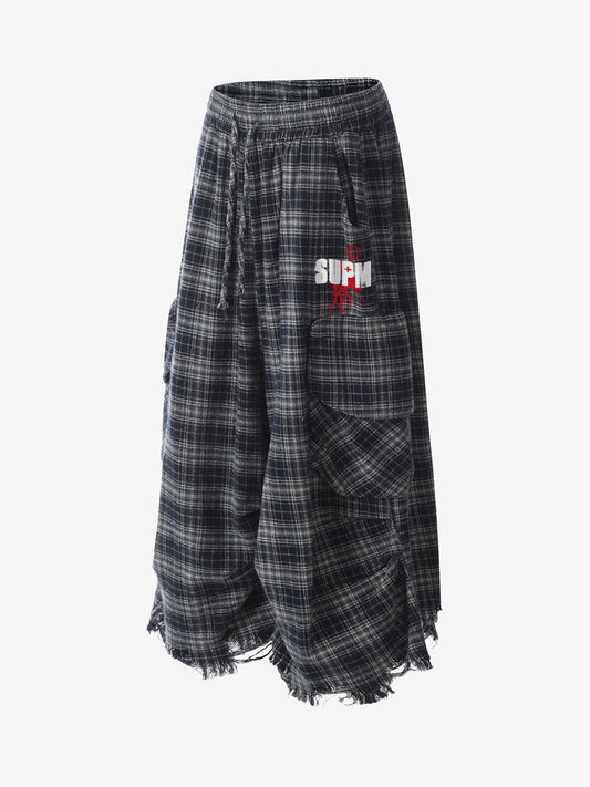 Cotton Plaid Wide Leg Culottes with Frayed Hem and Cargo Pockets 