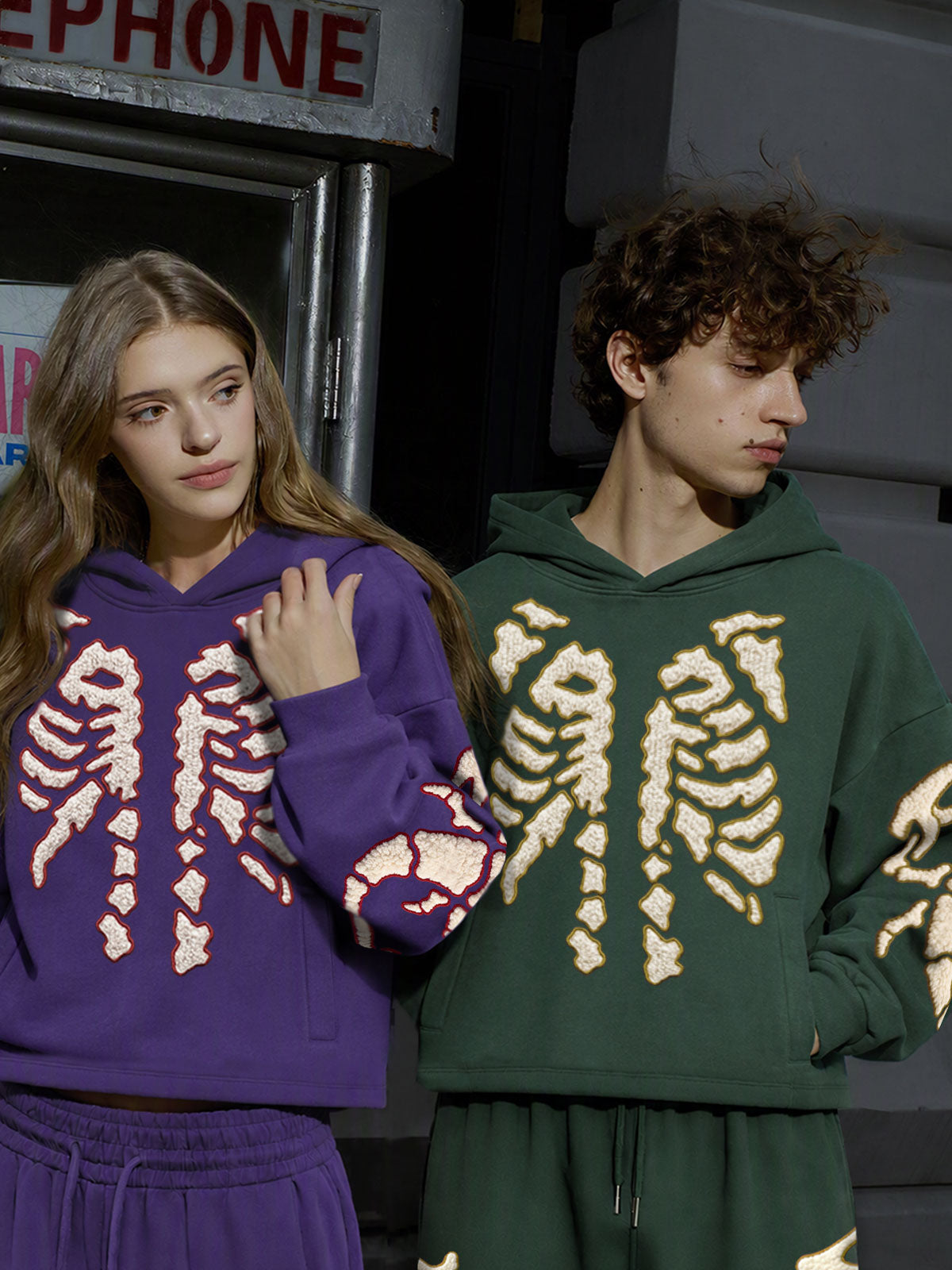 Skeleton Terry Embroidered Pullover Hoodie