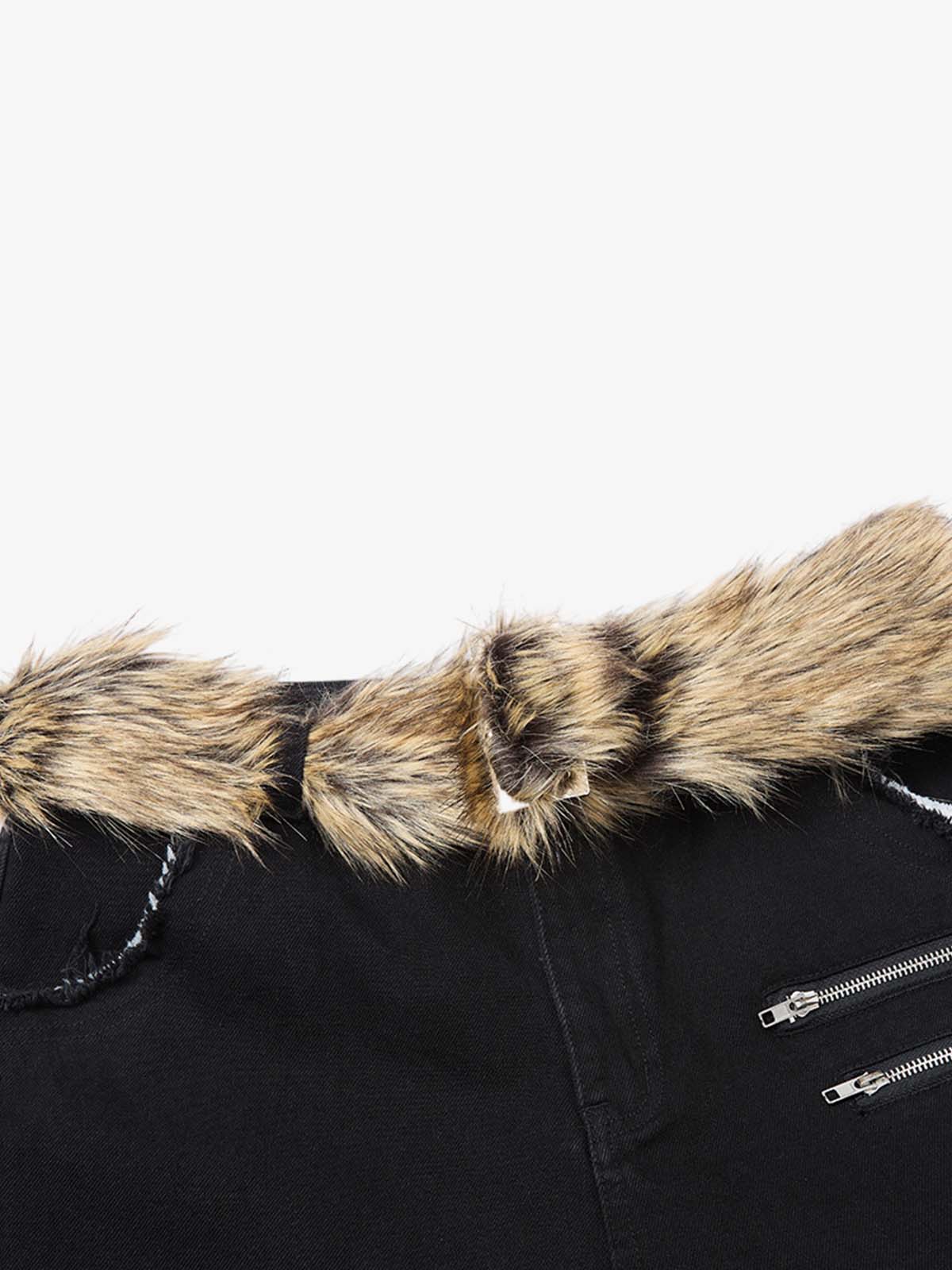 Faux Fur Trimmed Black Cargo Pants with Wide Leg and Multiple Pockets 