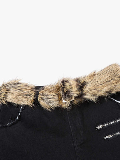 Faux Fur Trimmed Black Cargo Pants with Wide Leg and Multiple Pockets 