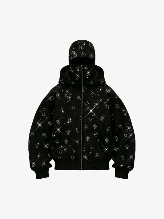 Rhinestone Cross Masked Sweatshirt; Black / S, Black / M, Black / L, Black / XL