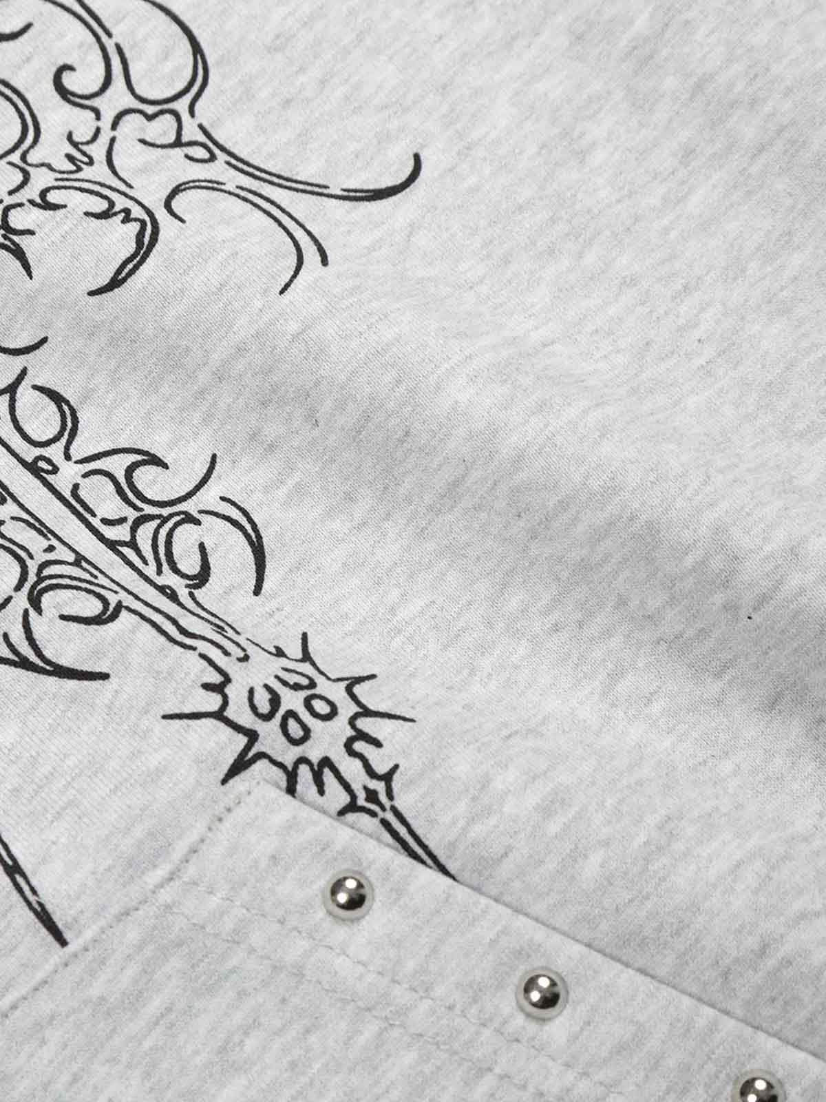 Floral Line Art Studded Pocket Hoodie