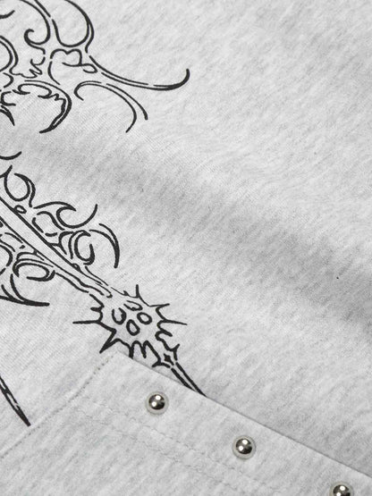 Floral Line Art Studded Pocket Hoodie