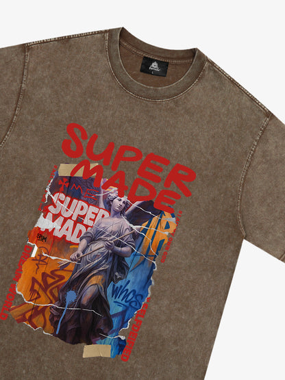Cotton Blend SUPERMADE Sculpture Sraffiti Sticker Pattern T-Shirt 