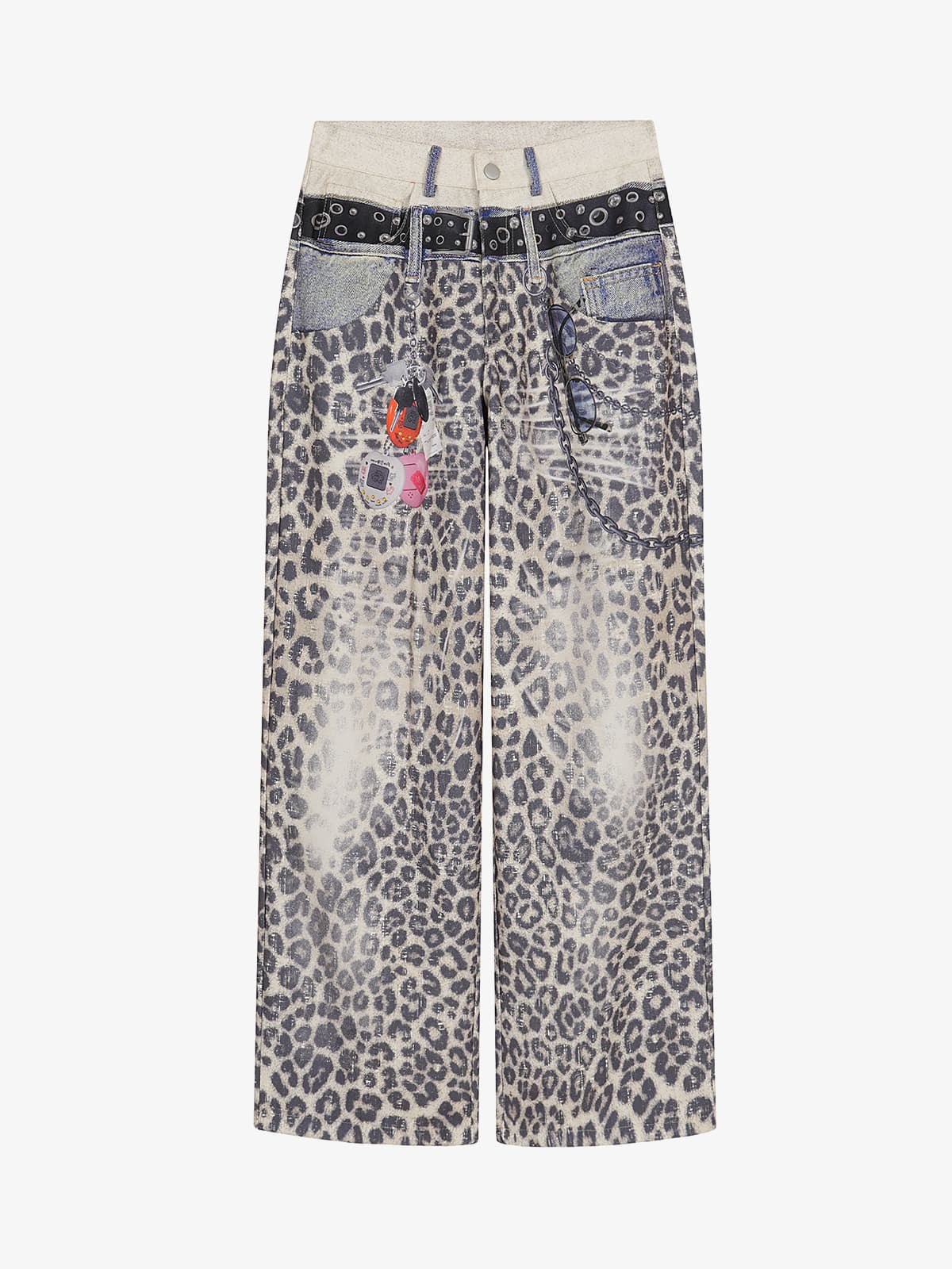 Vintage Leopard 3D Print Double Waistband Washed Jeans 