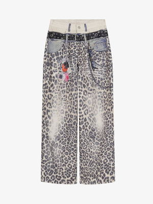 Vintage Leopard 3D Print Double Waistband Washed Jeans 