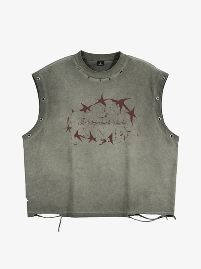 Eyelet Graphic Washed Ripped Tee