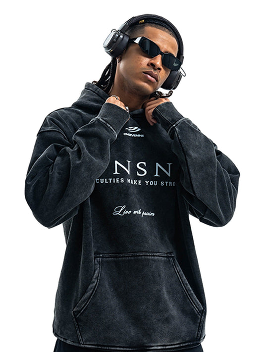 Heavy Washed Print Fleece Hoodie 