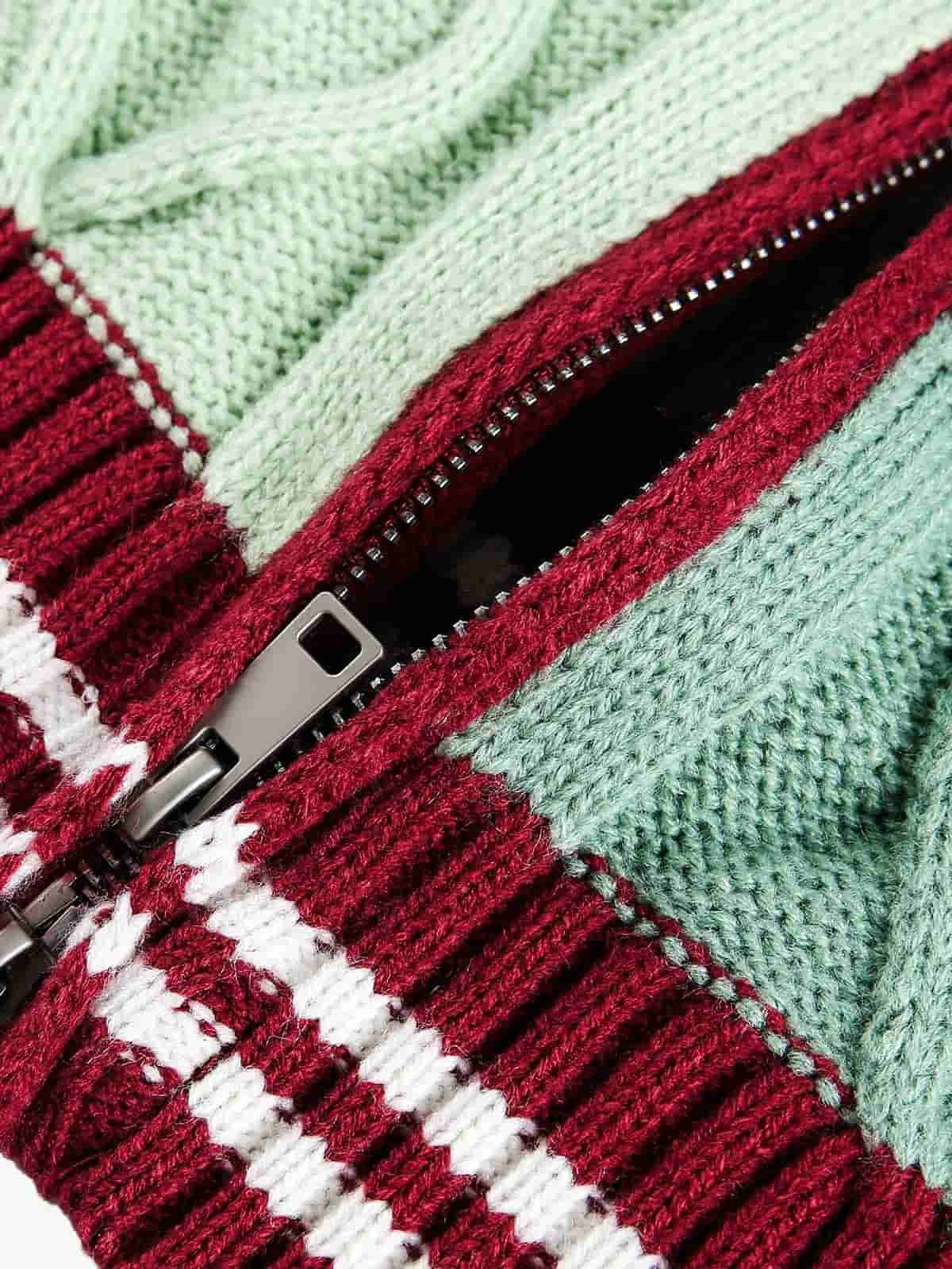 Thesupermade American Retro Contrast Color Design High Collar Knitted Sweater Cardigan 