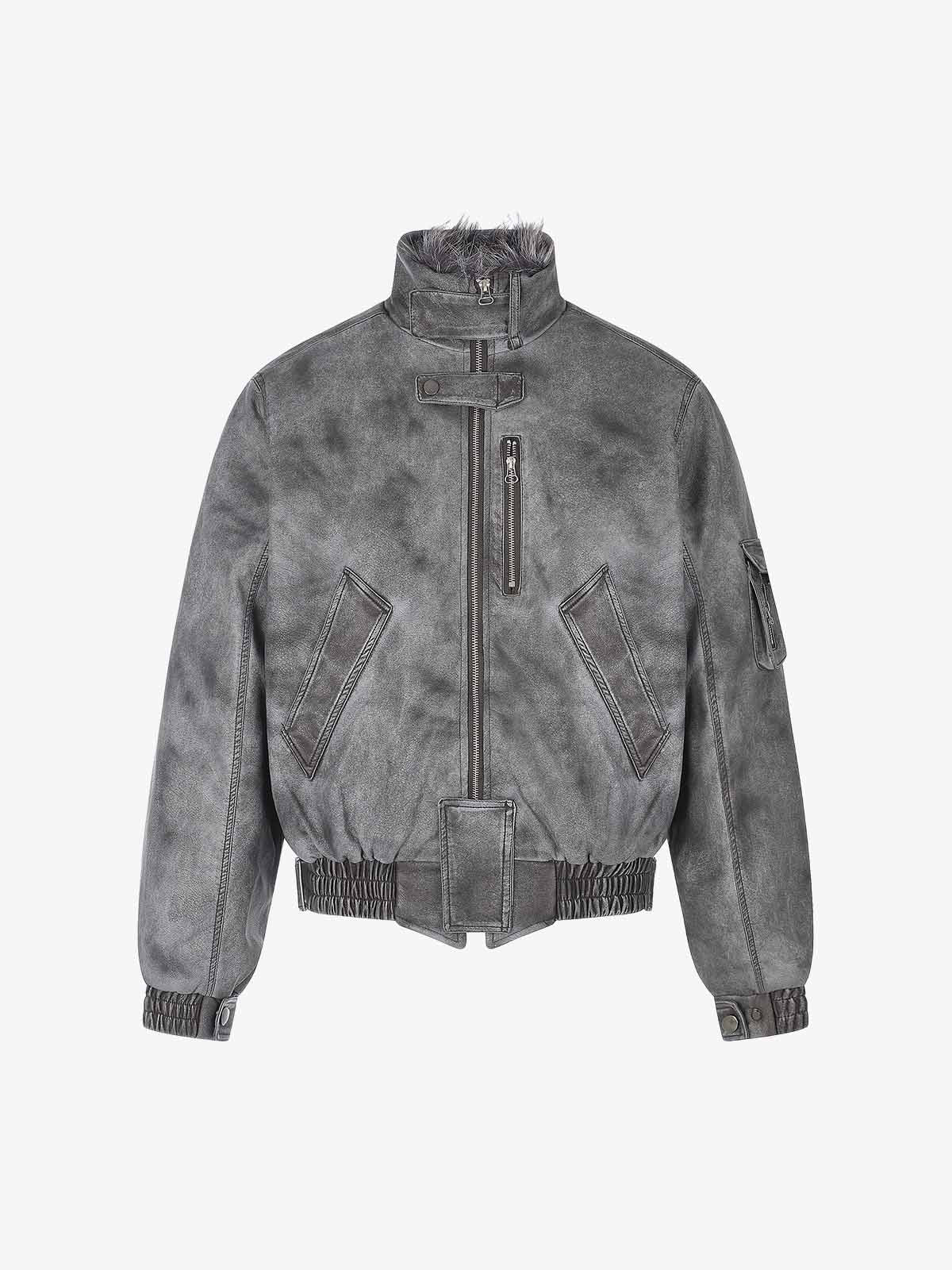 Washed High-Collar Multi-Zip Bomber Coat