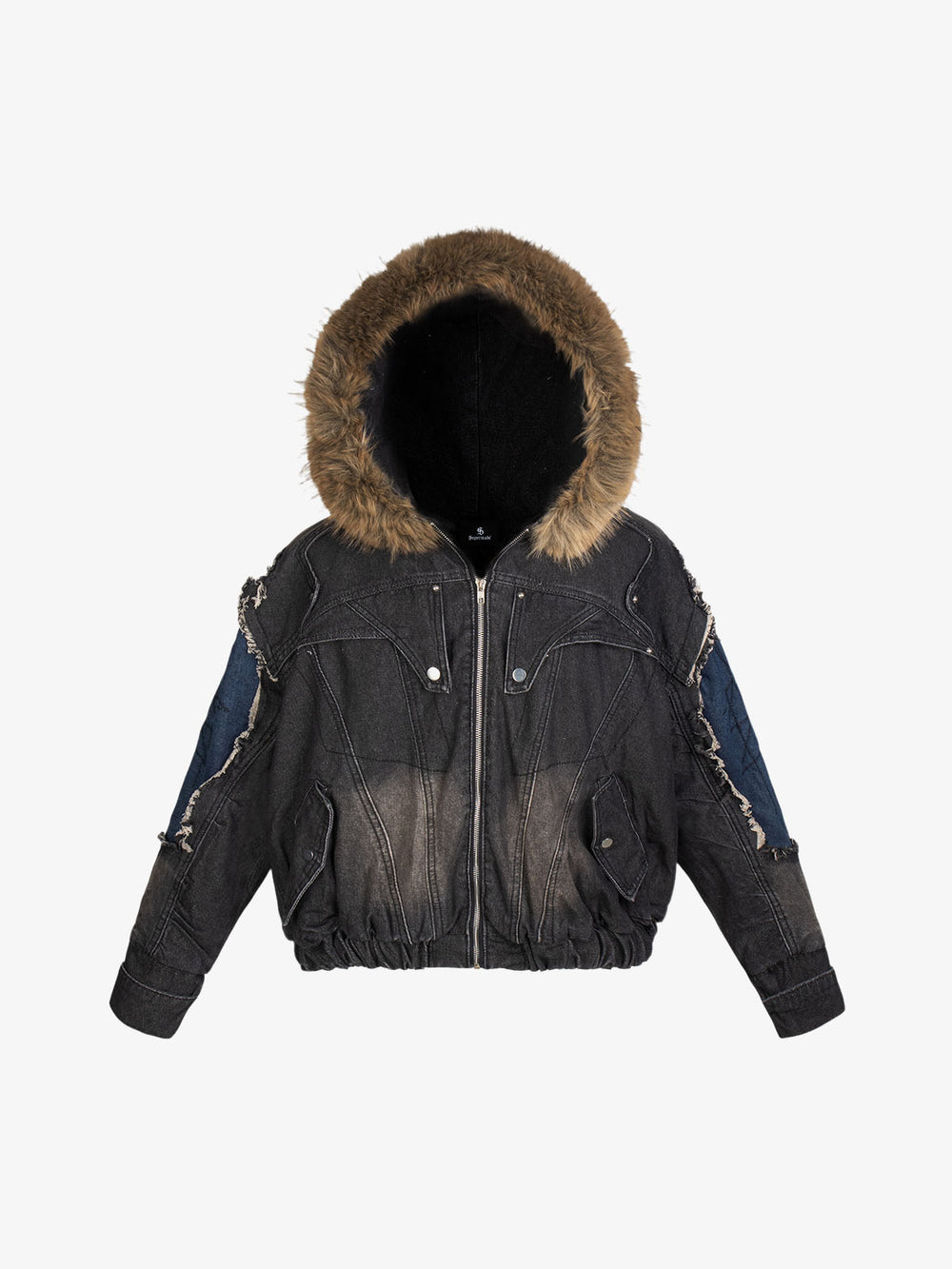 Patchwork Distressed Faux-Fur Collar Denim Jacket