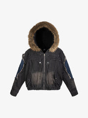 Patchwork Distressed Faux-Fur Collar Denim Jacket