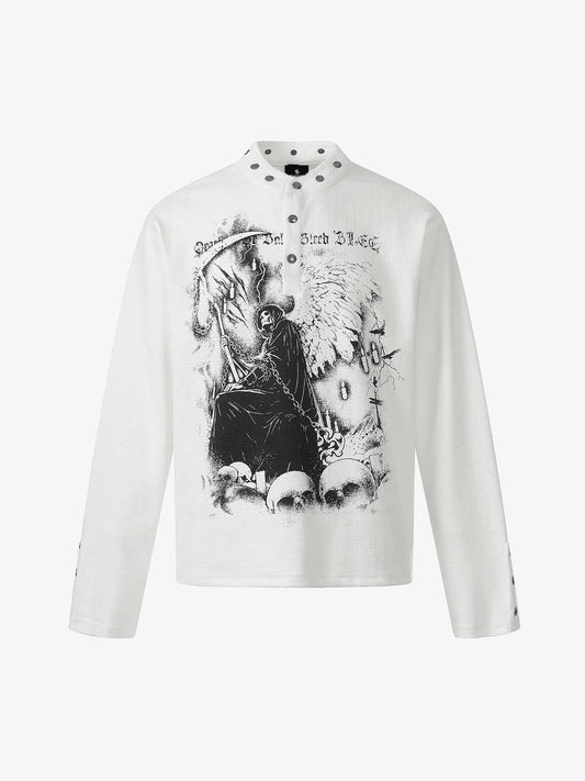 Cotton Long Sleeve Henley Shirt with Gothic Reaper Print Dark Black Graphic Sweatshirt for Men 