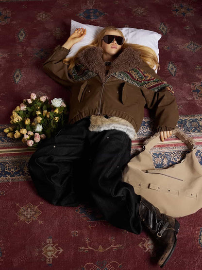 Thesupermade Webbing Stitching Leather And Lambskin Cotton Coat 