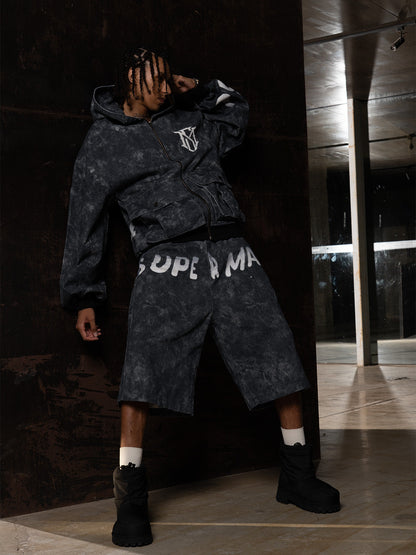 Oversized Denim Hoodie And Shorts Set For Urban Streetwear 